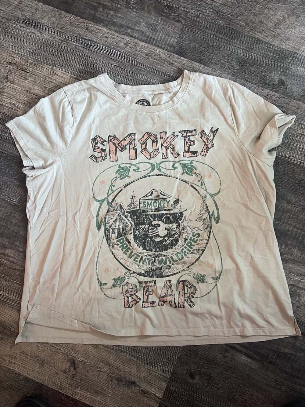 Smokey Bear Graphic T-Shirt Size 1X Beige Cotton Blend Prevent Wildfires